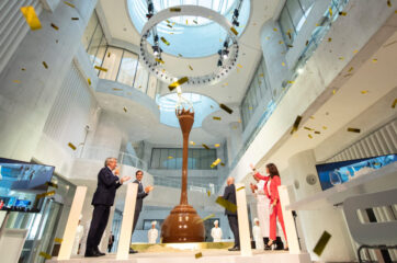 Chocolate fountain inside a building. SwissGlobal is the proud language partner of the Lindt Home of Chocolate.