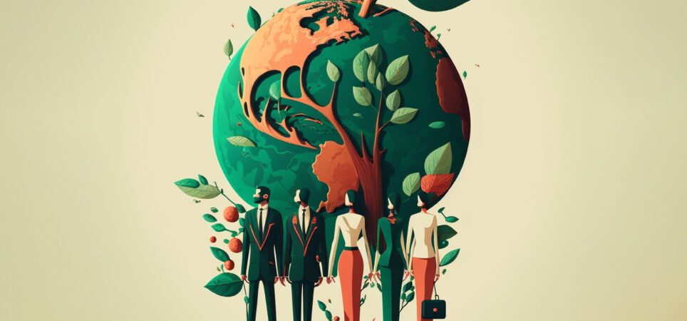 Fünf Menschen stehen vor einer grünen und wachsenden Erde. Ihr Übersetzungsbüro in der Schweiz SwissGlobal